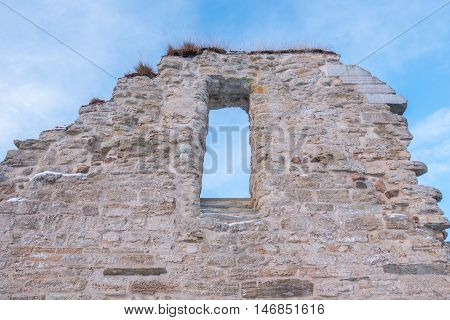 Alvastra Monastery ruins a window frame up high