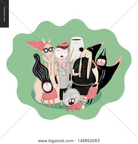 Treak or treat group of children, greeting card. Vector cartoon illustrated group of kids wearing Halloween costumes and a french bulldog, scared by something. Composition placed on a waved shape