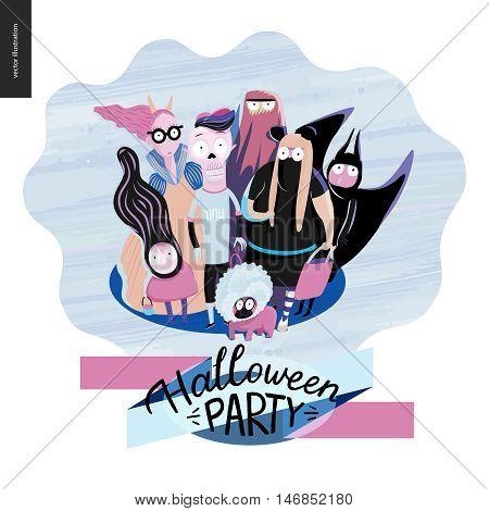 Treak or treat group of children, greeting card with lettering. Vector cartoon illustrated group of kids wearing Halloween costumes and a french bulldog, scared by something. Composition accompained with lettering Halloween Party
