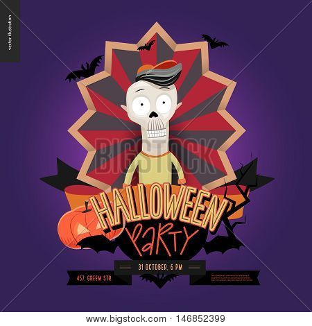 Halloween Party composed sign emblem invitation. Flat vectror cartoon illustrated design of a skeleton in center of striped shield, bats, pumpkin jack-o-lantern, ribbon, lettering