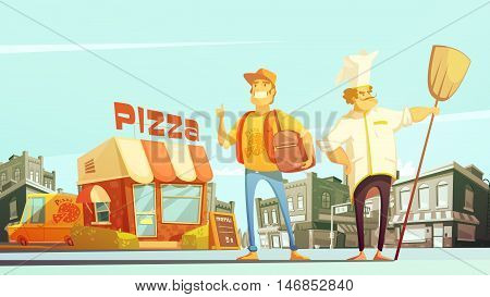Pizza delivery flat vector illustration in cartoon style with chef courier yellow minibus for delivery and pizzeria at town landscape