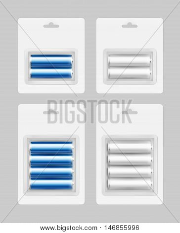 Vector Set of Two and Four White Silver Blue Cyan Glossy Alkaline AA Batteries in White Blister Packed for branding Close up Isolated on Background