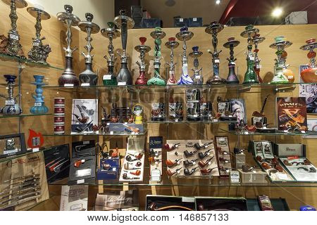 SIEGEN GERMANY - SEP 1 2016: Smoking pipes and tobacco shop n the city of Siegen. North Rhine Westphalia Germany