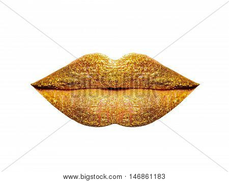 sexy beautiful female closed lips or mouth gold or golden color with gloss or glittering lipstick isolated on white background