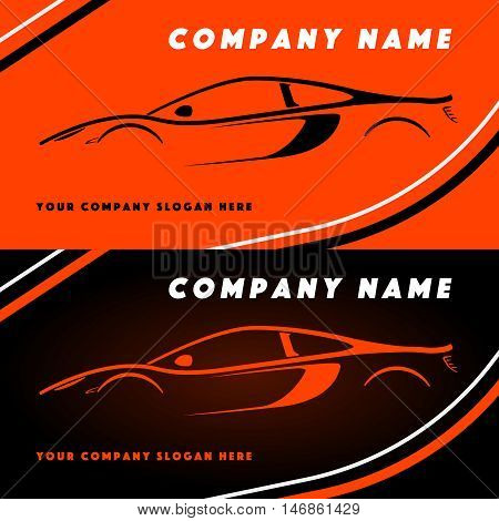 Automotive vector logo design with sports car coupe vehicle silhouette on orange and black background. Vector illustration for your design.