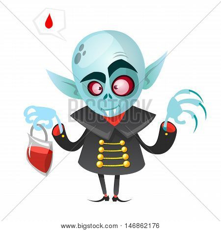 Cartoon vampire. Halloween vector illustration vampire holding pack of blood isolated on white background