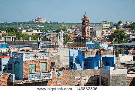 View of Clock tower and Umaid Bhawan palace in Jodhpur (Blue city) Rajasthan India.