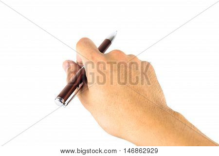 Pen in the man's hand isolated on white background.