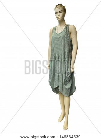 Full-length female mannequin dressed in green striped dress. Isolated on white background. No brand names or copyright objects.
