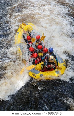 BALA GWYNEDD WALES SEPTEMBER 10 2016: White water rafting at the National White Water Centre on the River Tryweryn outside Bala North Wales