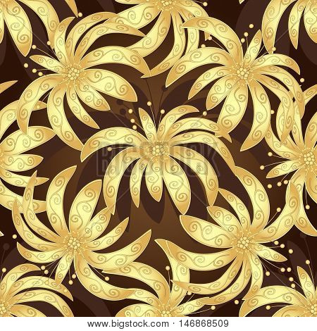 Seamless brown vintage pattern with golden lilies vector