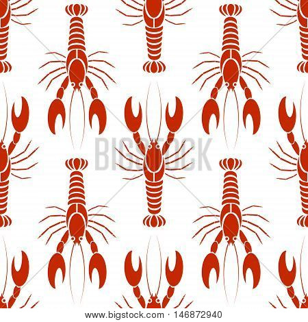 Vector seamless pattern with crayfishes or lobsters in orange red colors white background. Simple flat design for textile fabric wrapping.