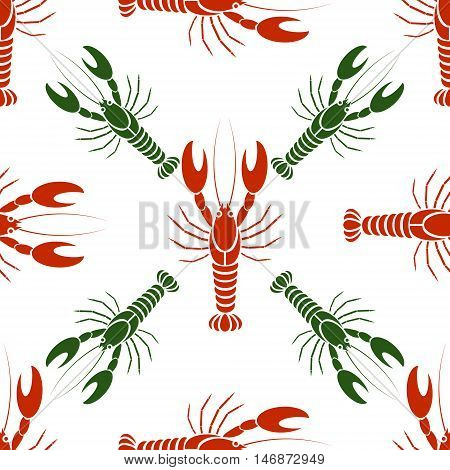 Vector seamless pattern with crayfishes or lobsters in red and green colors. Simple flat design for textile fabric wrapping