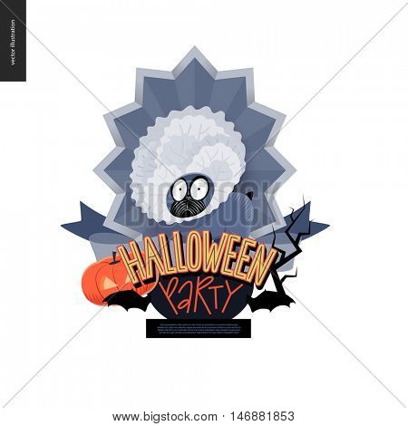 Halloween Party composed sign emblem invitation. Flat vectror cartoon illustrated design of a french bulldog in center of striped shield, bats, pumpkin jack-o-lantern, ribbon, lettering