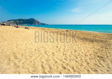 ALANYA TURKET - MAY 2 2015: Unidentified people on Cleopatra beach in alanya Turkey on May 2 2015. Cleopatra beach is one of the best beaches in Southern Europe