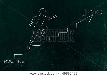 Routine Or Change, Man Climbing Stairs Metaphor