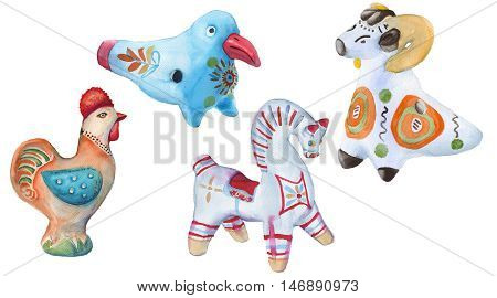 Toy clay. Russian arts and crafts. Dymkovo toys. isolated on a white background. watercolor illustration.