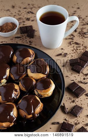 A photo of chocolate pastry and a cup of tea