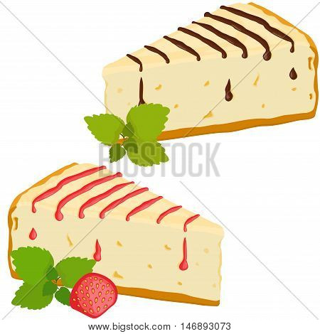 Cheesecakes set. Cheesecake with strawberry and chocolate vector illustration. Isolated on white background.
