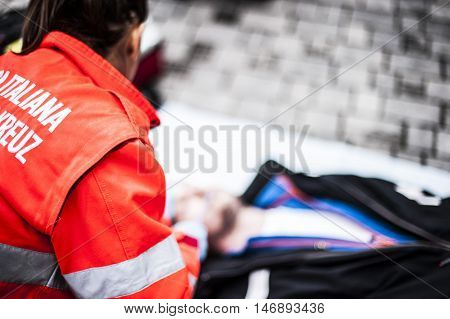 girl emergency volunteer operator in action after fatal accident