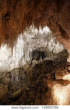 Stalagmites And Stalactites In Ruakuri Cave, Waitomo, Nz