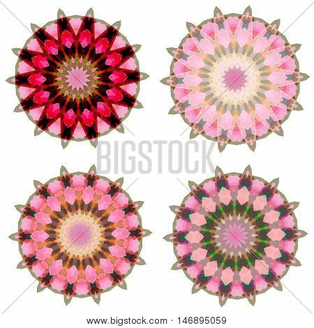 Set of four geometric colorful mandalas. Vector isolated shapes.