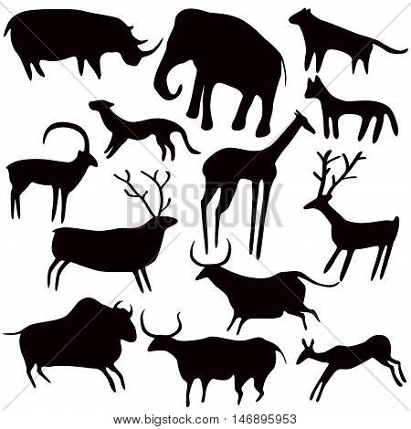 Cave painting stylized animals silhouettes rock art. Vector set on white background.