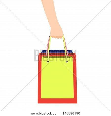 Hand with many shopping bag. Sales and shopping concept. Vector illustration.