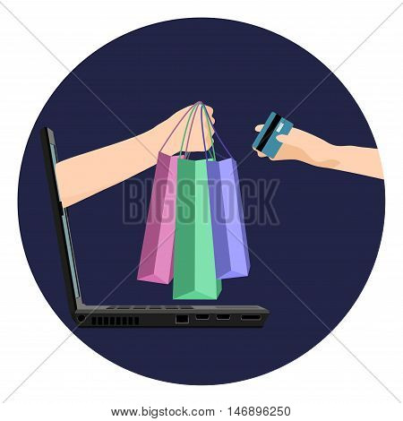 Internet shopping vector illustration. Laptop hand with shopping bags and hand with credit bank card. Online shopping E-commerce concept.