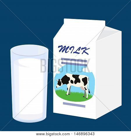 Milk carton with a picture of a cow and glass of fresh milk. Vector illustration on blue background.