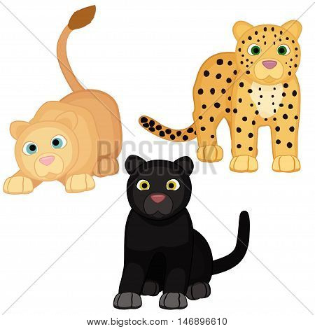 Cute Lion, Black Panther And Leopard Cub Characters.