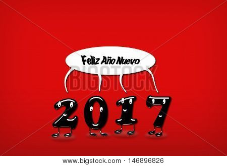 Cartoon of 2017 numerals with speech buble with text Happy New Year written in Spanish. 3d rendering.
