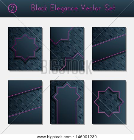 Set of 6 intricate and elegant black brochure designs with bright pink details. US Letter size. Easily croppable to A4 size. Graphics are grouped and in several layers for easy editing. The file can be scaled to any size.