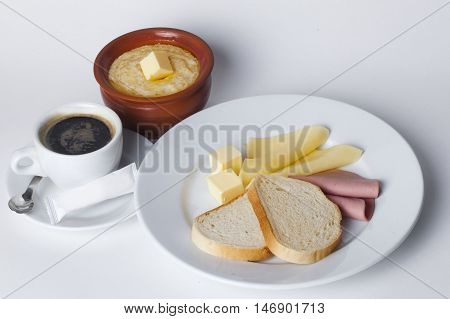 sausage cheese white bread butter cereal pot cafe breakfast set top