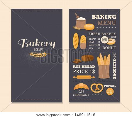 Menu template cafe bakery. Concept of the cover design menu. Collection of vector elements: bread, flour, donut, baguette, croissant. Illustration of baking.