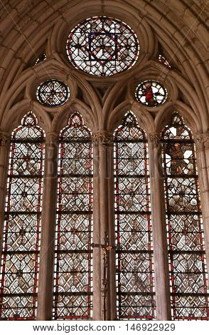 Saint Wandrille Rancon France - june 22 2016 : the stained glass window of Saint Michel church