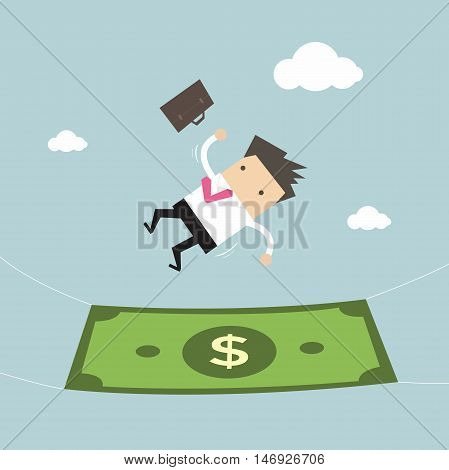 Businessman falling into a money banknote. Business concept