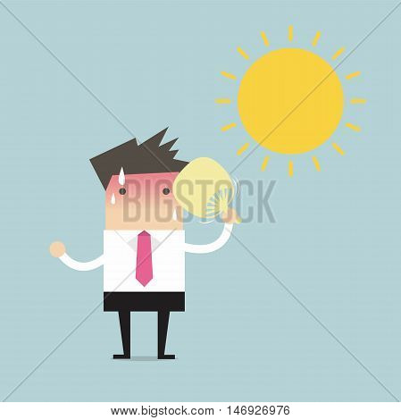 Businessman very hot with folding fan blow and the sun