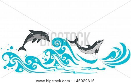 Couple of dolphins jumping in sea waves