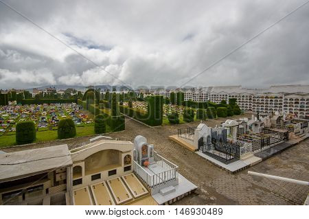 TULCAN, ECUADOR - JULY 3, 2016: nice aerial view of the topiary located inside the cemetery.