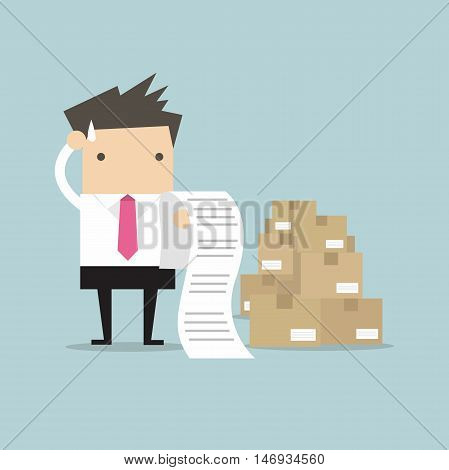 Businessman confused with bill and product box vector illustration