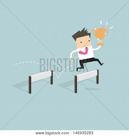 Businessman jumping over obstacle and holding trophy vector