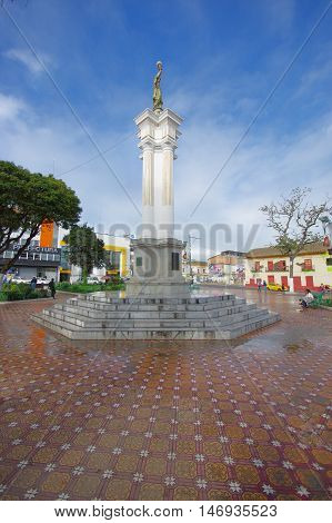 TULCAN, ECUADOR - JULY 3, 2016: independence monument located in the central park of the city.