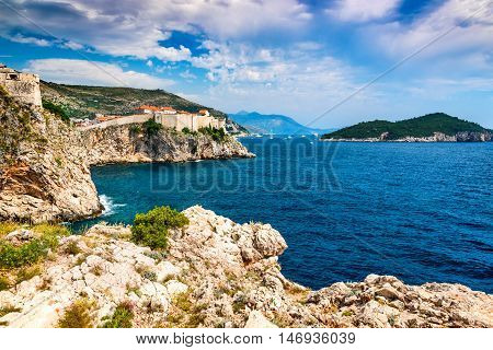 Dubrovnik Croatia. Spectacular picturesque view on the old town of Ragusa and Lovrijenac Fortress.