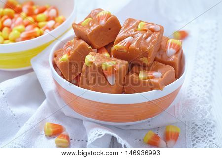 Delicious butterfinger fudge with candy corn and peanut butter
