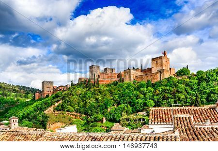 Granada Spain. Famous Alhambra Nasrid Emirate fortress European travel landmark in Andalusia.