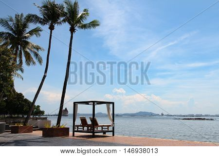 Beach lounge - Sundeck on Sea view for vacation and summer . Seaside spa bed near coconut trees in Pattaya Thailand on holidays .