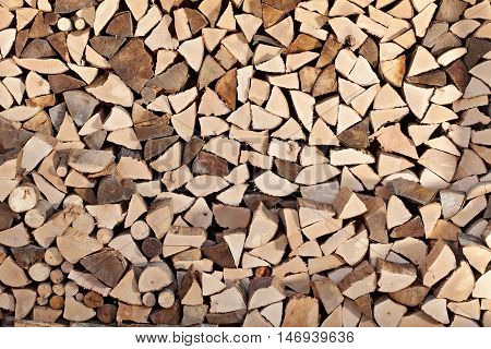 Firewood stacked in wood shed - background