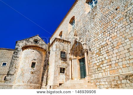 Dubrovnik Croatia. Stairs of Dominican Monastery and medieval walls in old town of Ragusa (Dubrovnik)