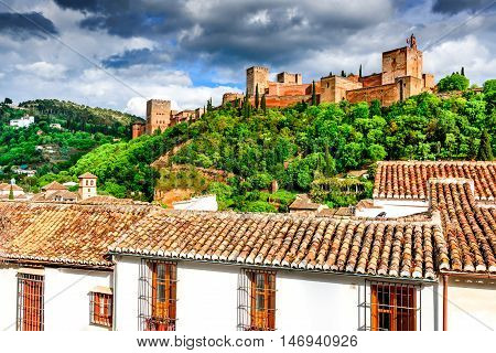 Granada Spain. Famous Alhambra Nasrid Emirate fortress European travel landmark in Andalusia.
